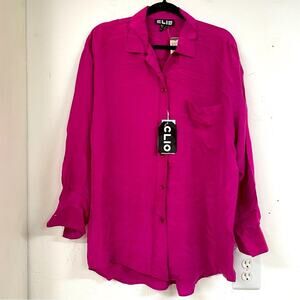 Vintage Clio Barbie Hot Pink Long Sleeve Silk Button Down Shirt Tunic Womens M